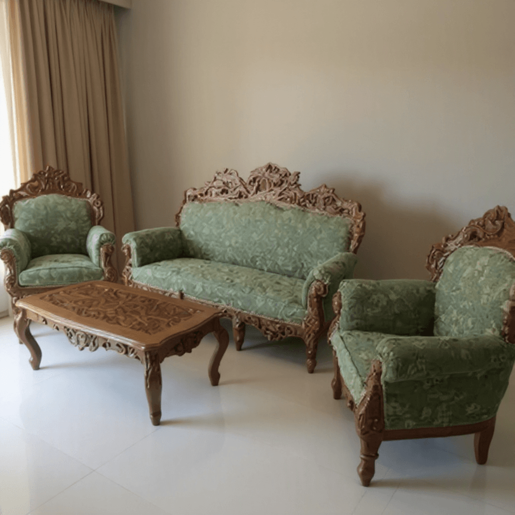 Carved Wooden 6‑Seater Sofa Set with Center Table